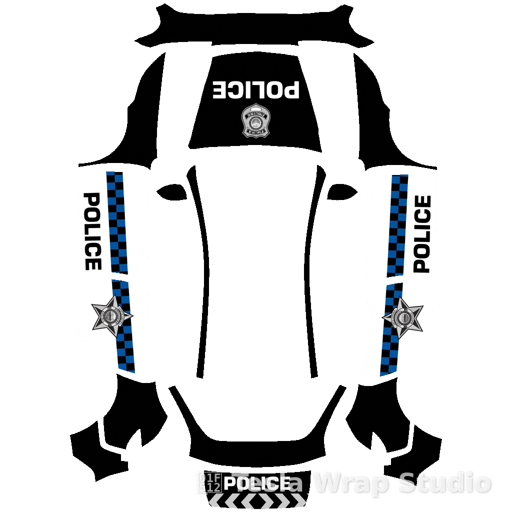 警车车身贴膜设计,采用黑白配色方案,带有警示条纹和执法标志。Model Y (2025+)