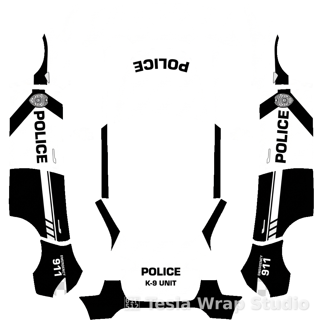 警车贴膜设计,采用黑白配色方案,带有警示条纹和执法标志。Model Y