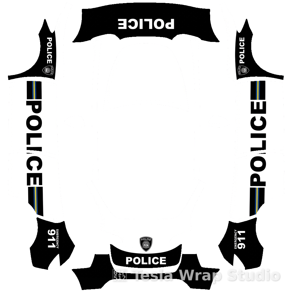Model Y 警车贴膜设计,采用黑白配色方案,带有警示条纹和执法标志。 Police car wrap design with black and white color scheme, emergency stripes, law enforcement decals