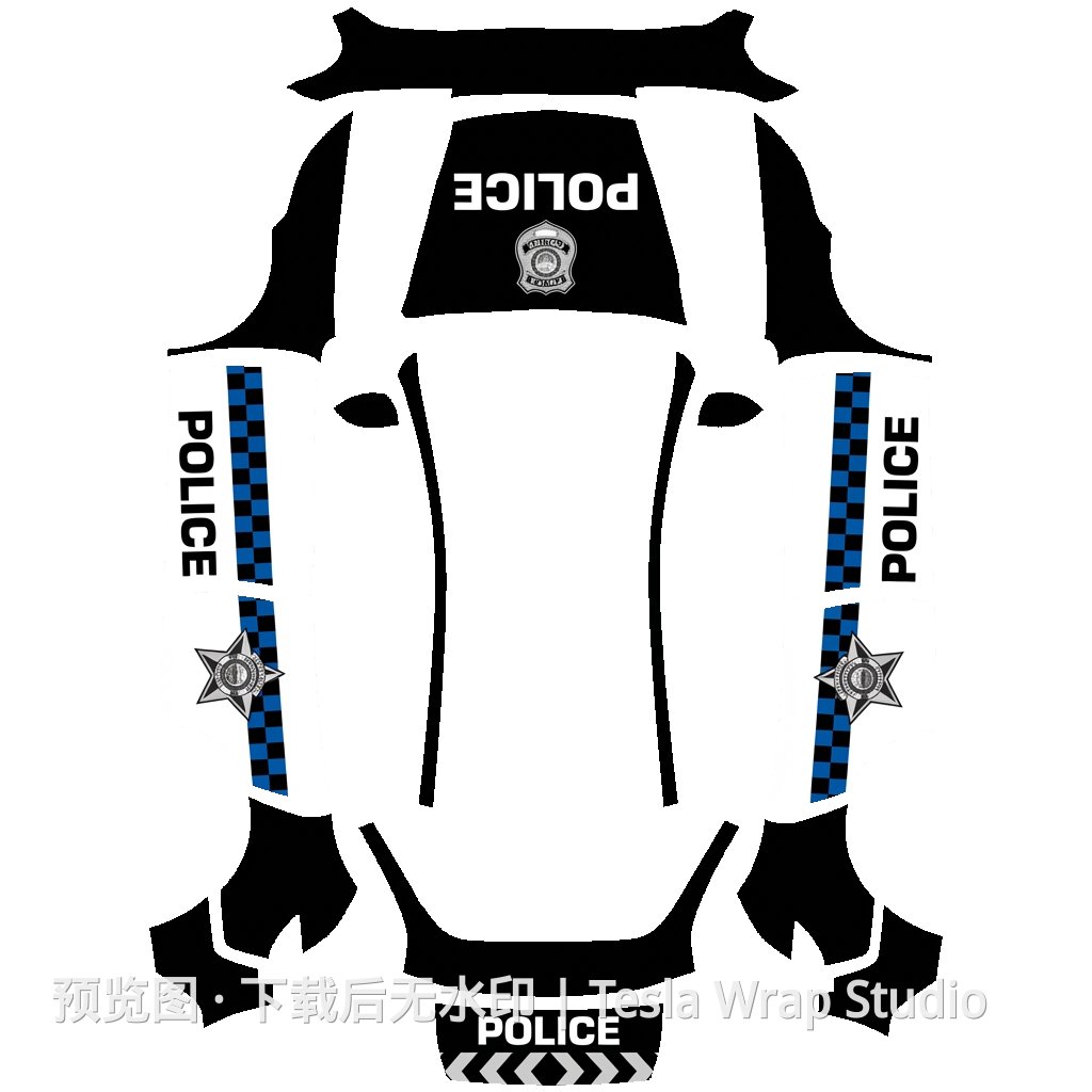 警车车身贴膜设计,采用黑白配色方案,带有警示条纹和执法标志。Model Y (2025+)