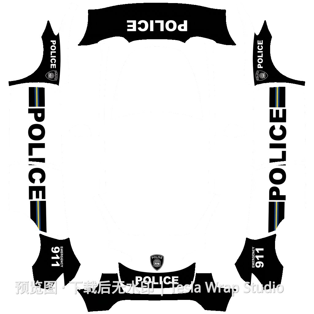 Model Y 警车贴膜设计,采用黑白配色方案,带有警示条纹和执法标志。 Police car wrap design with black and white color scheme, emergency stripes, law enforcement decals