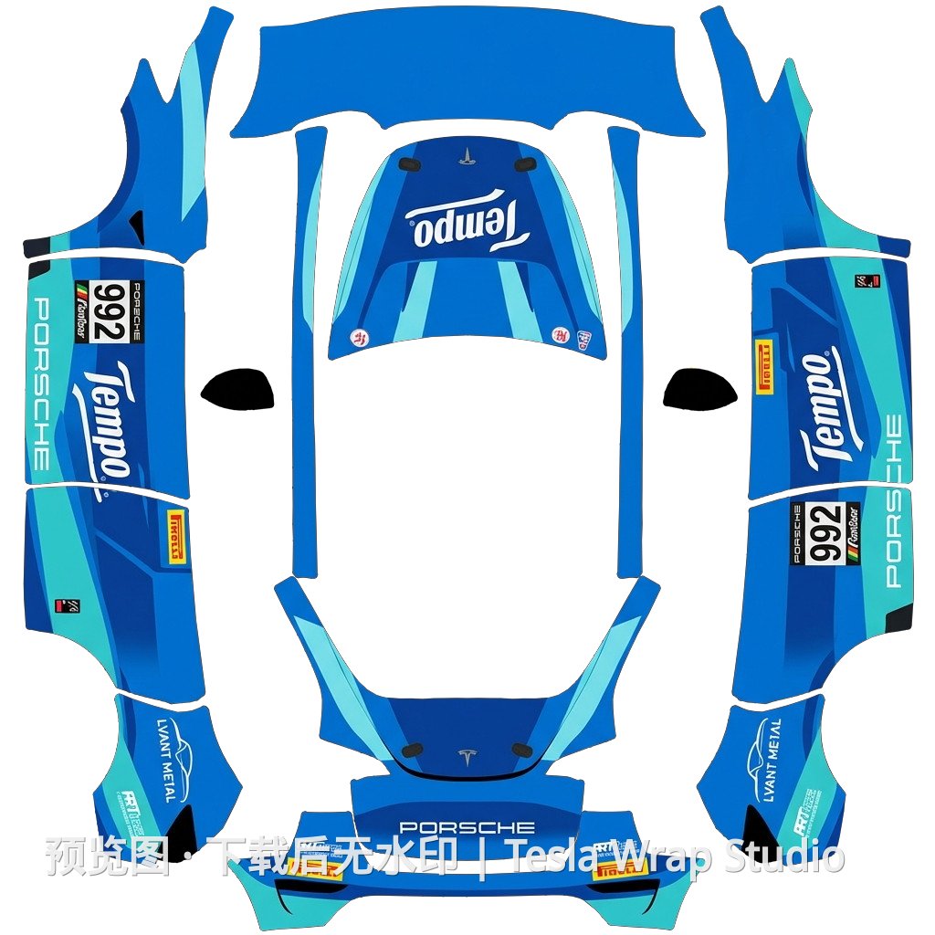 保时捷911 GT3 R(Type 992),采用了Tempo(得宝)纸巾的联名涂装 - Model Y 特斯拉喷漆车间模板