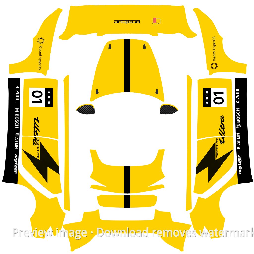Model 3 (2024+) Standard & Premium Xiaomi SU7 Ultra Prototype Yellow Livery Wrap Template