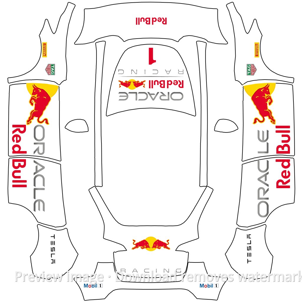 Model Y Red Bull F1 White Bull Theme Wrap Template - Model Y Tesla Paint Shop template